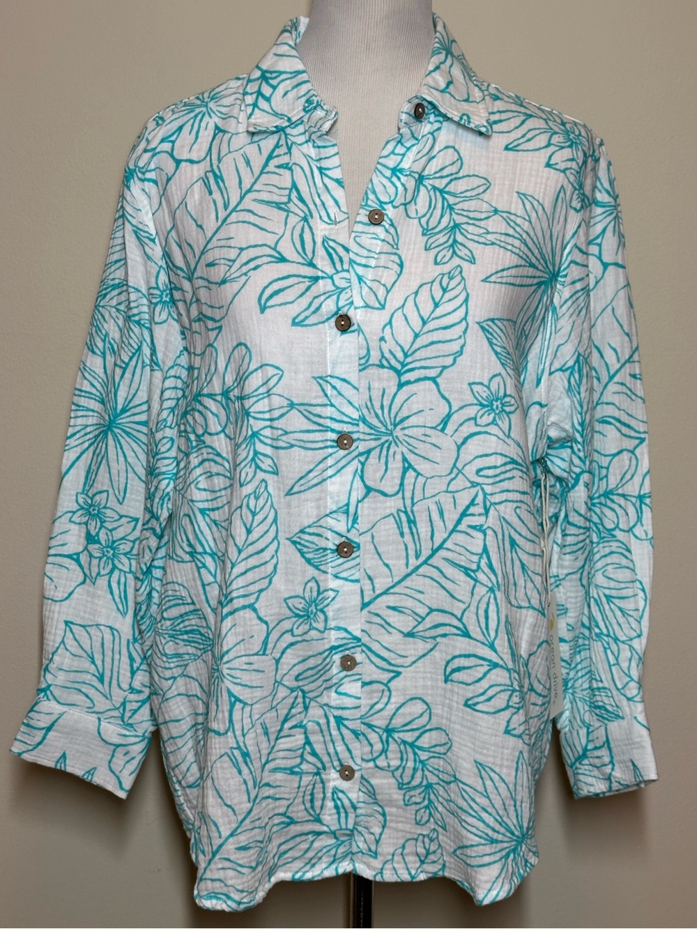 Womens Tropical 100% Cotton Seer Sucker Button Down Shirt Blue White Sz S NWT